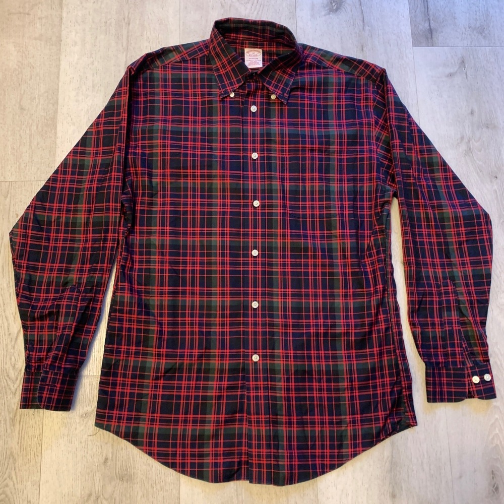 Brooks Brothers Madison Fit Mens M Red Green Plaid Flannel Non-Iron Shirt